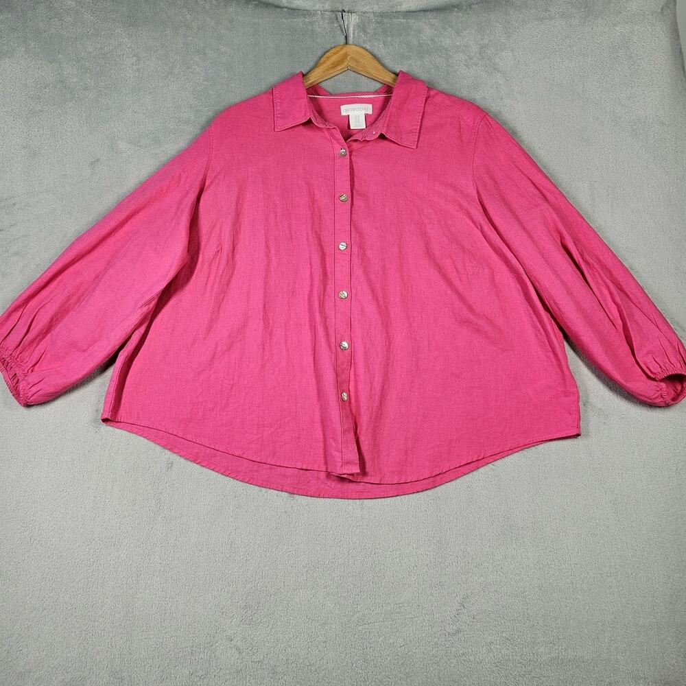 Cynthia Rowley Linen Blend Button Up Shirt‎ Size 1X Pink Balloon Sleeve Preppy